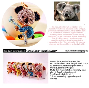 Detail view of colorful koala keychains showing rhinestone inlay and dimensions