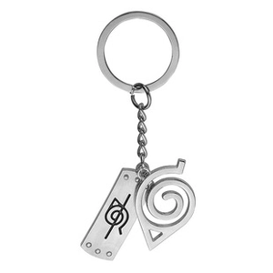 Silver metal keychain featuring Konoha and Uzumaki clan leaf symbols from Naruto series