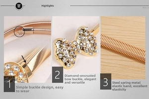 Détails de la chaîne de taille élastique dorée avec boucle à nœud ornée de strass
