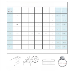 Detailed ring size chart with US, UK and EU standards including measuring guide