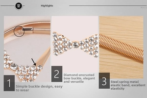 Détail d'une ceinture élastique dorée à ressort avec fermoir nœud en strass
