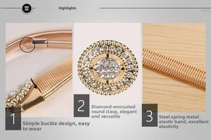 Détails d'une ceinture dorée en métal à ressort avec boucle ronde ornée de strass brillants