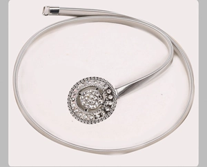 Détail d'une ceinture élastique argentée avec une boucle ronde ornée de strass