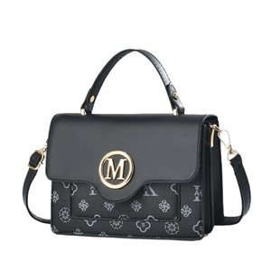 Elegant black leather handbag with golden M buckle and monogram pattern for women