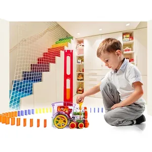 Transparent electric domino train toy set with automatic dispensing for creative kids play