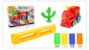 Detailed set of automatic domino train toy with colorful tiles and cactus accessory
