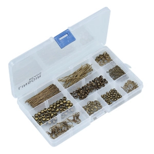 Detail of antique bronze DIY jewelry kit with lobster clasps and rings in storage box