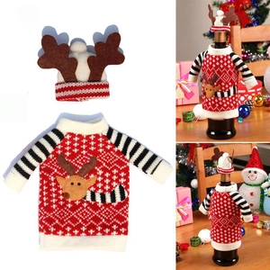 Christmas Wine Bottle Cover Sweater And Hat Knitted Reindeer Snowflake Festive Dining Table Decoration Novelty