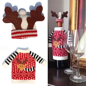 Christmas reindeer knit wine bottle cover set with mini sweater and antler hat decoration