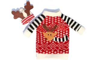 Detailed knit wine bottle cover with elk pattern and striped hat for Christmas decor
