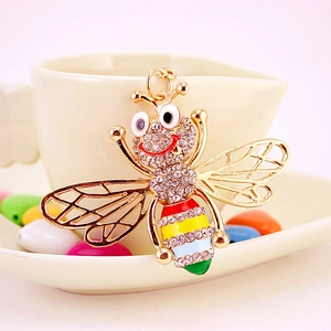 Cute golden metal bee keychain with colorful rhinestones and enamel stripes decoration