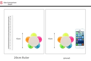 Size comparison of flower highlighter with 10cm diameter next to scale and smartphone