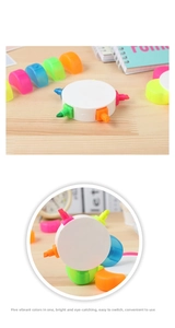 Detail of five-color flower highlighter with vibrant nibs on white plastic base