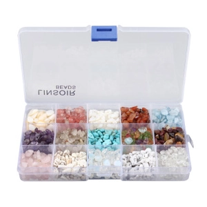 Detailed top view of 15-compartment organizer filled with colorful DIY stone beads