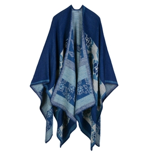 Thick navy and grey cashmere-like knit poncho cloak with floral geometric patterns