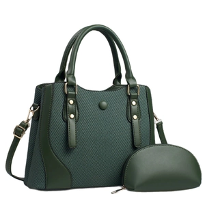 Dark green woven texture tote bag with round gold buckle and matching small coin purse
