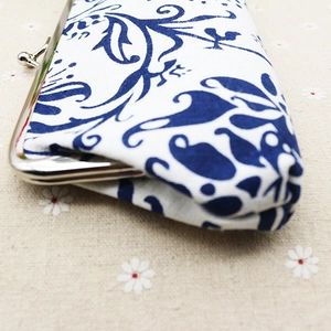 Ethnic blue and white floral fabric coin purse with vintage silver metal clasp frame