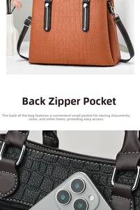 Detail view of the back anti-theft zipper pocket on the faux crocodile leather bag
