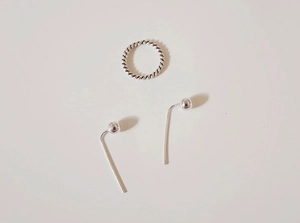 Minimalist 925 sterling silver set featuring twisted ring and long bead threader earrings