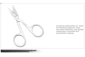 Detail of upcurved tip stainless steel scissors for trimming eyebrows and nose hair