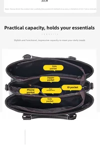 Internal view of dark brown leather handbag with multiple compartments and 30cm width