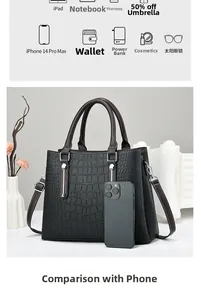 Macro detail of black croc-embossed tote bag showing large capacity for daily essentials