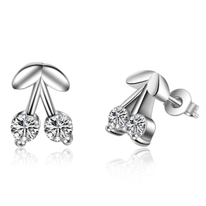 Exquisite silver cherry stud earrings featuring sparkling cubic zirconia stones on white background