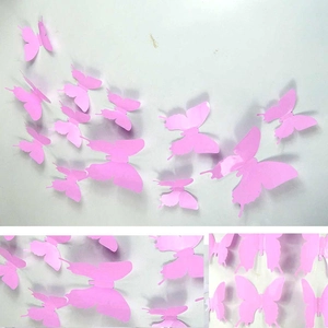 Set of 12 3D pink butterfly wall stickers for home decoration and DIY fridge accents