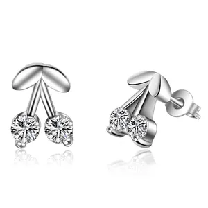 Korean Style Sweet Cherry Shaped Copper Stud Earrings With Purple White Zirconia For Women Fresh Fruit Fashion Jewelry