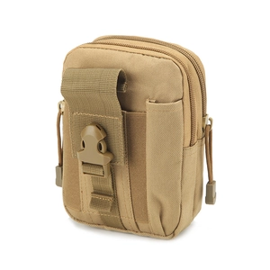 Khaki tactical nylon waist bag with double zipper compartments and a front buckle pocket