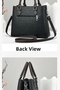 Detailed back and side views of a black crocodile pattern handbag with silver hardware