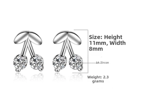 Detail showing dimensions of silver cherry earrings with 3A zircon and metal leaf
