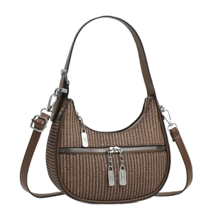 Sac hobo tissé marron avec fermetures éclair argentées et bretelles pour femmes