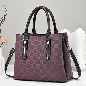 Fashionable lavender multi-layer tote bag with geometric embossing and brown handles