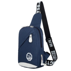 Detail of dark blue waterproof chest bag with headphone port and branded strap