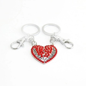 Silver mother daughter heart puzzle keychain with red crystal rhinestones set