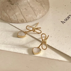 925 silver bow heart shell earrings in gold finish with vintage French style design