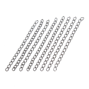 Close-up of ten silver stainless steel 5cm extension chains for DIY jewelry making