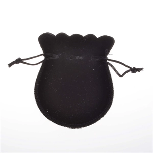 Detail of black velvet drawstring pouch with elegant petal-shaped top and round base