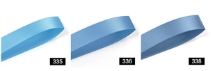 Detailed comparison of 6mm blue polyester satin ribbons in shades 335, 336, and 338