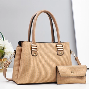 Khaki pleated tote bag and matching wallet set with gold hardware for women