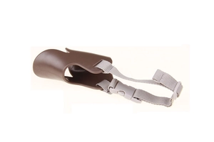 Detail view of brown silicone duck-bill muzzle with gray adjustable strap and buckle