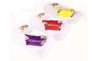 Three duck-bill dog muzzles in purple red and yellow colors size S shown on packaging