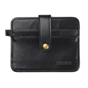 Slim black leather card holder with secure metal snap closure and embossed branding logo