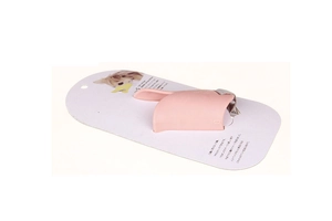 Pink silicone duckbill dog muzzle in small size shown on product display card