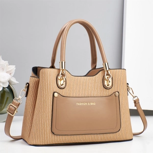 Elegant khaki tote bag with textured finish and gold hardware for women