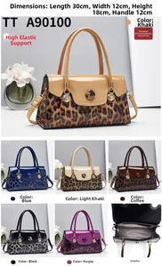 Detail view of leopard print PU leather handbag showing internal lining and color options