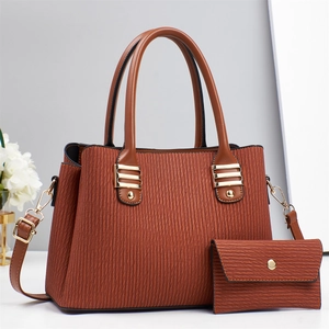 Brown pleated faux leather tote bag and matching wallet set with golden hardware details