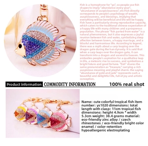 Detail of colorful tropical fish keychain showing zinc alloy and crystal rhinestones