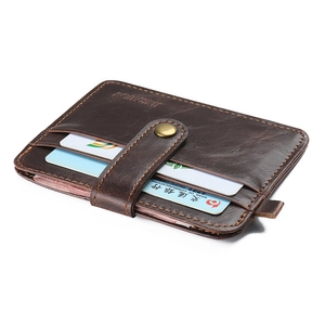 Brown vintage leather card wallet with multi-slots and secure metal snap closure